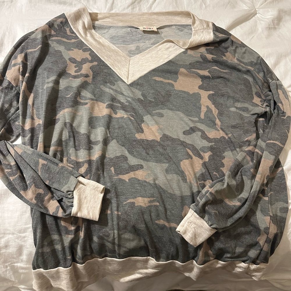 BiBi Camouflage Long Sleeve Top - Gray and Cream